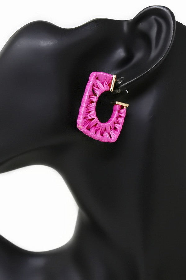 Raffia Wrapped Rectangle Hoop Earrings