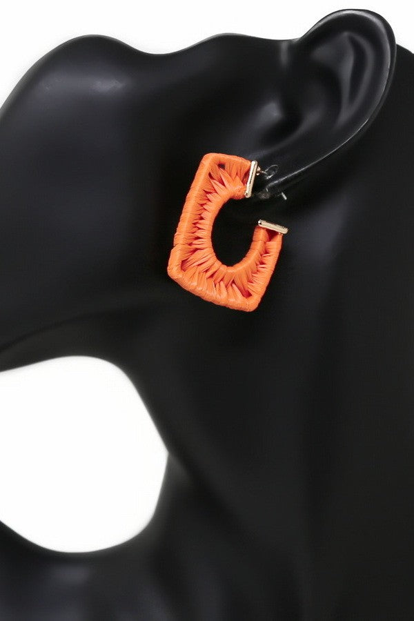 Raffia Wrapped Rectangle Hoop Earrings