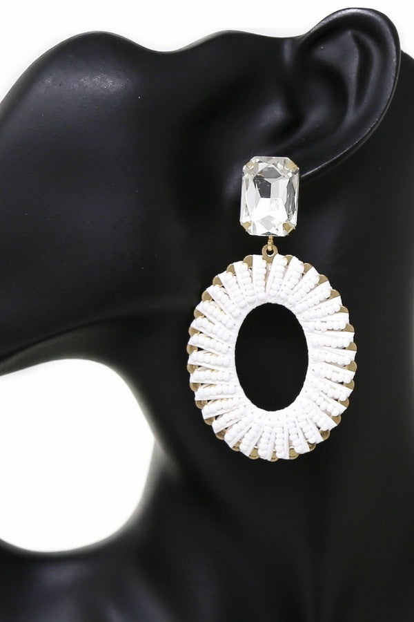 Seed Bead & Raffia Wrapped Oval Hoop Earrings