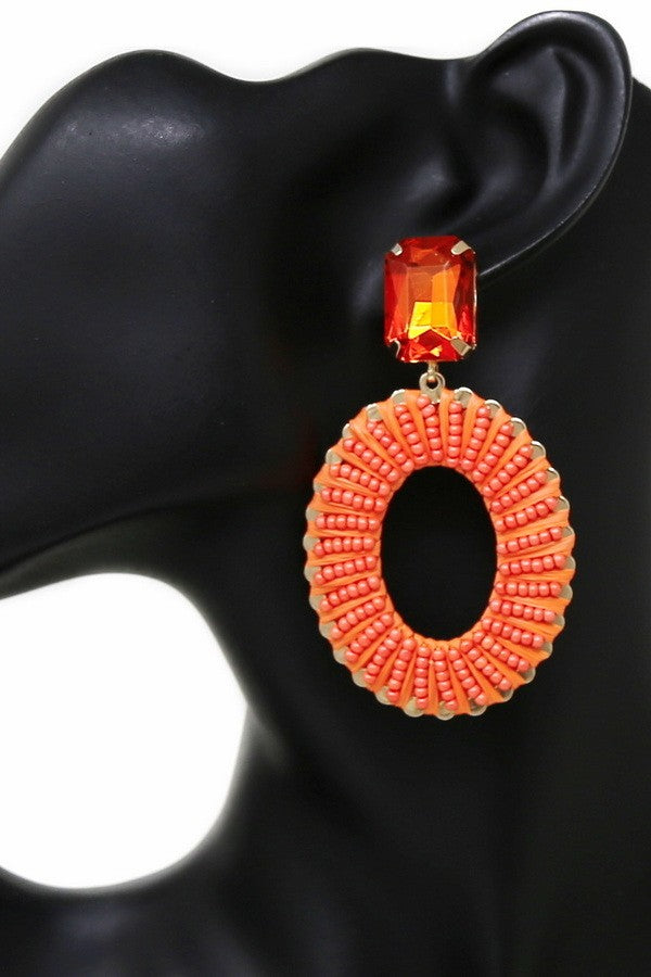 Seed Bead & Raffia Wrapped Oval Hoop Earrings