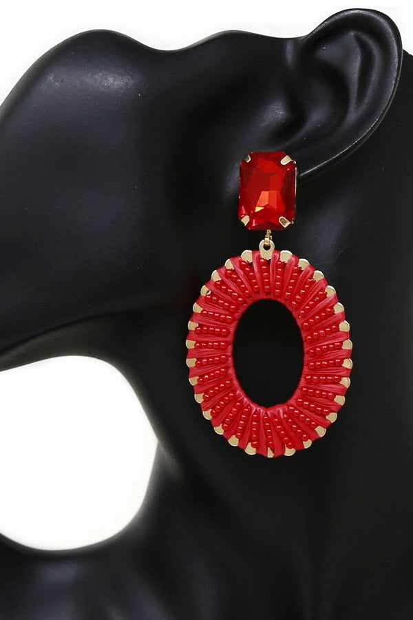 Seed Bead & Raffia Wrapped Oval Hoop Earrings