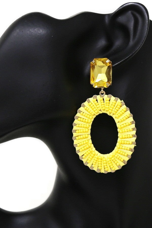 Seed Bead & Raffia Wrapped Oval Hoop Earrings