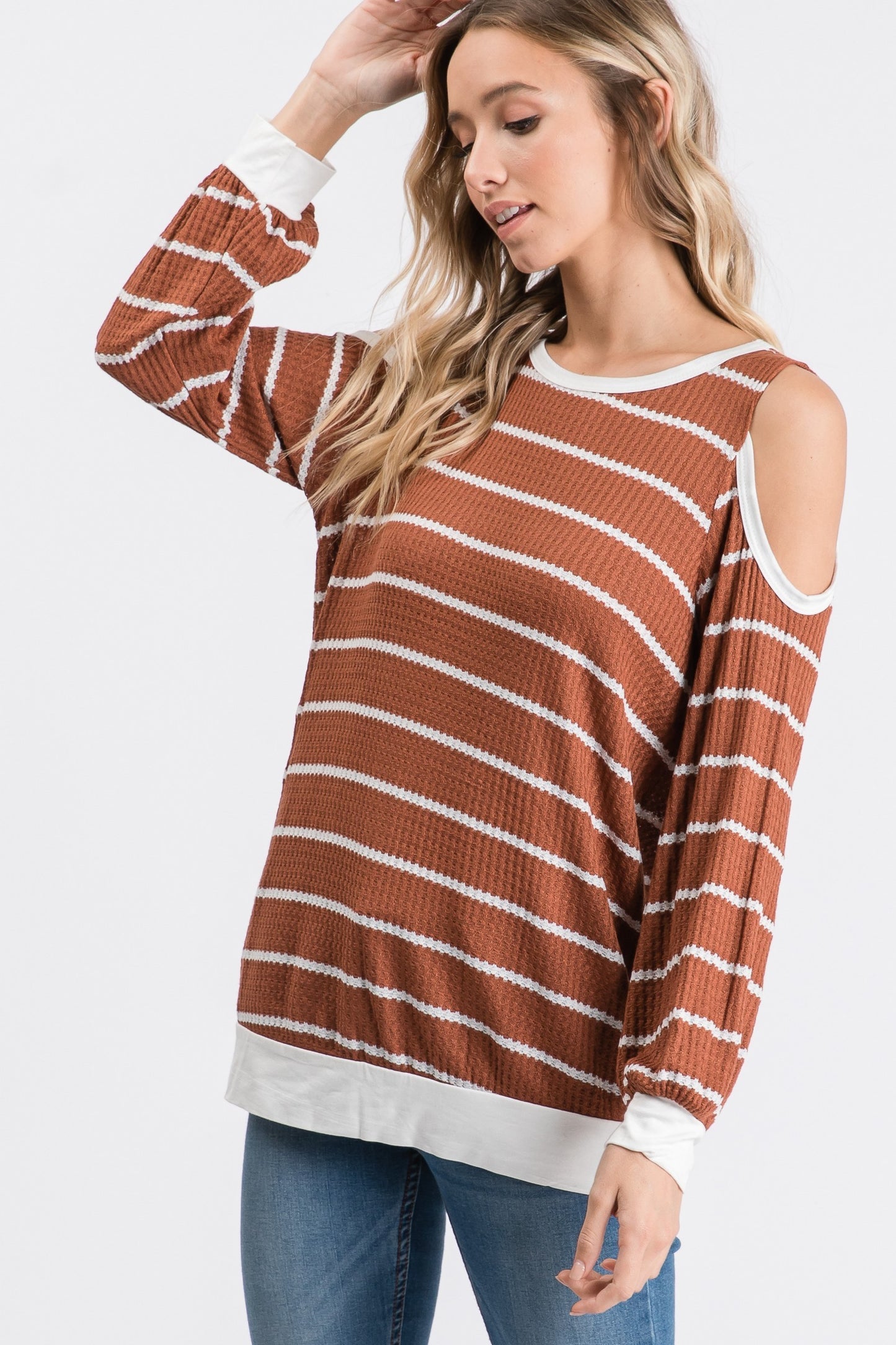 Waffle Textured Open Shoulder Top