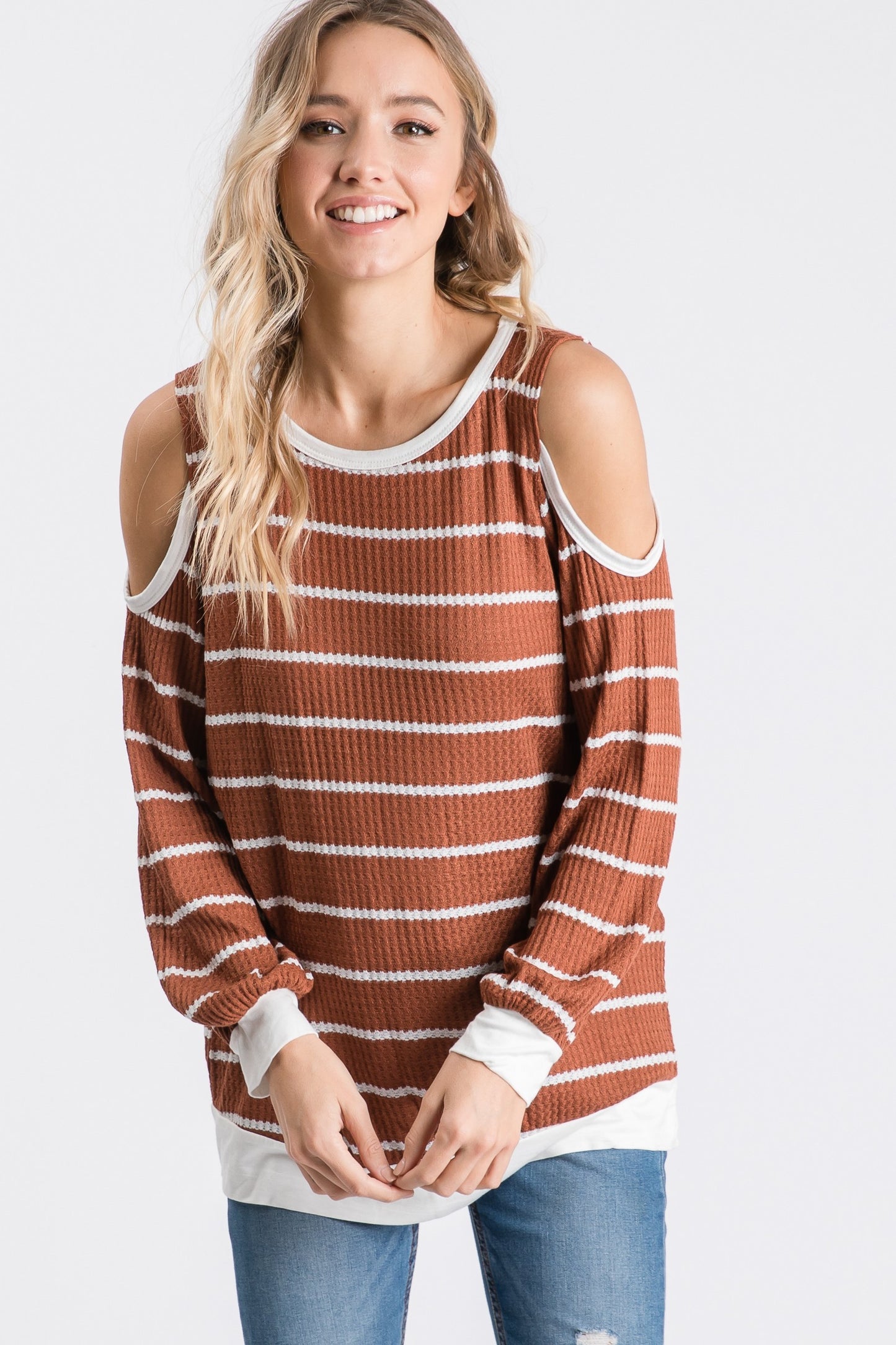 Waffle Textured Open Shoulder Top