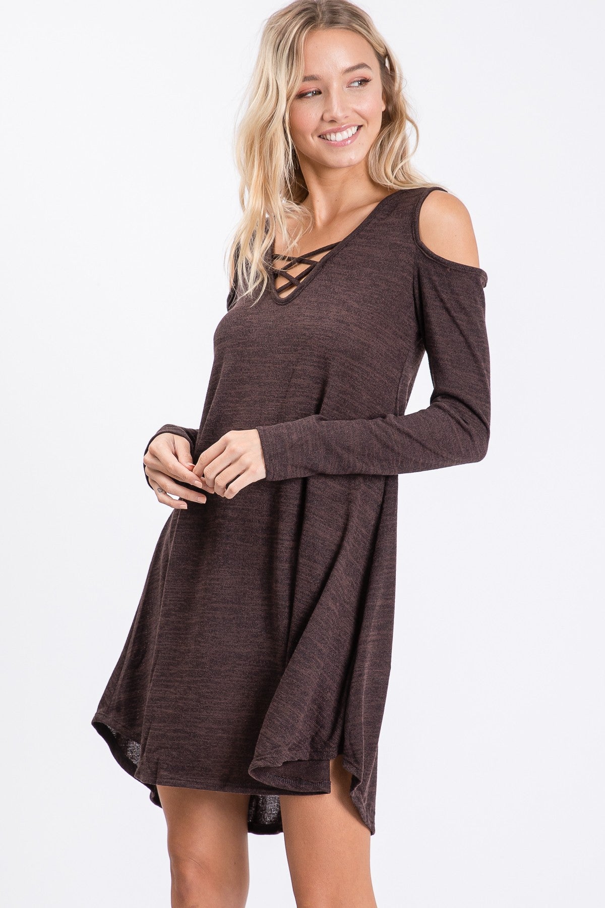 Two-Tone Hacci Criss-Cross Long Sleeve Dress