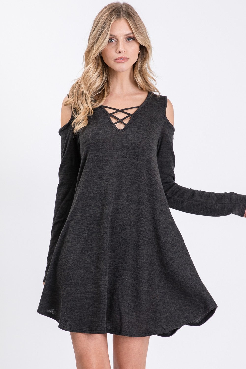 Two-Tone Hacci Criss-Cross Long Sleeve Dress