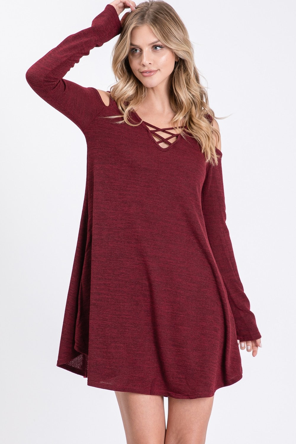 Two-Tone Hacci Criss-Cross Long Sleeve Dress