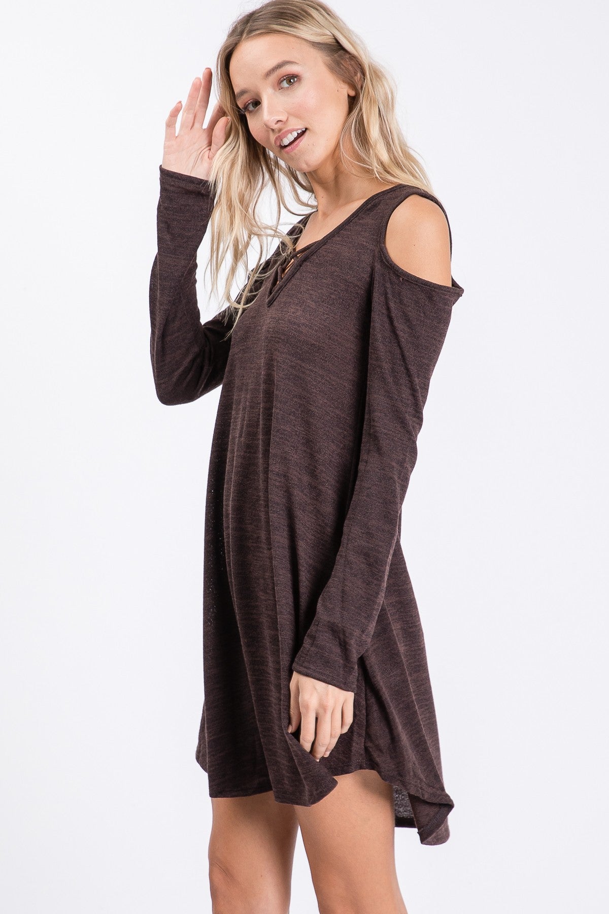 Two-Tone Hacci Criss-Cross Long Sleeve Dress