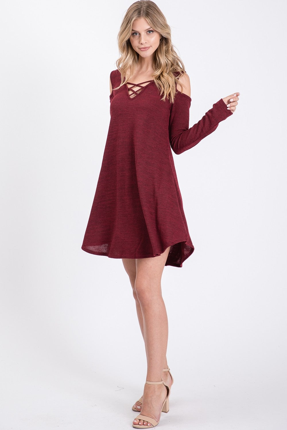 Two-Tone Hacci Criss-Cross Long Sleeve Dress