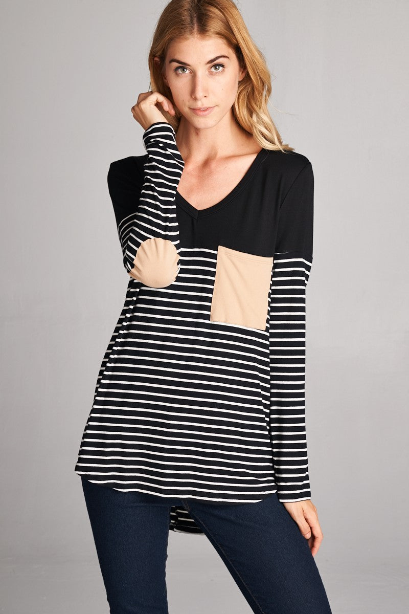 Stripe Panel Pocket Elbow Patch Top