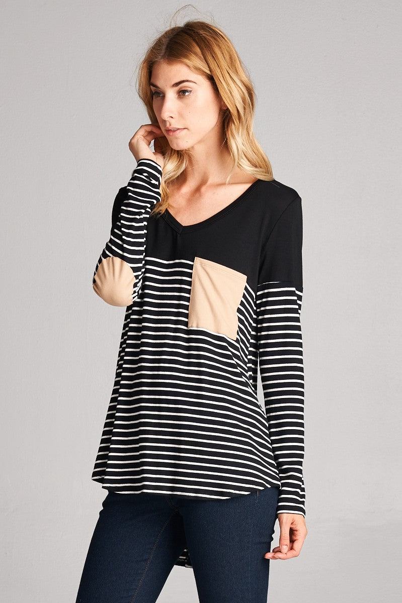 Stripe Panel Pocket Elbow Patch Top