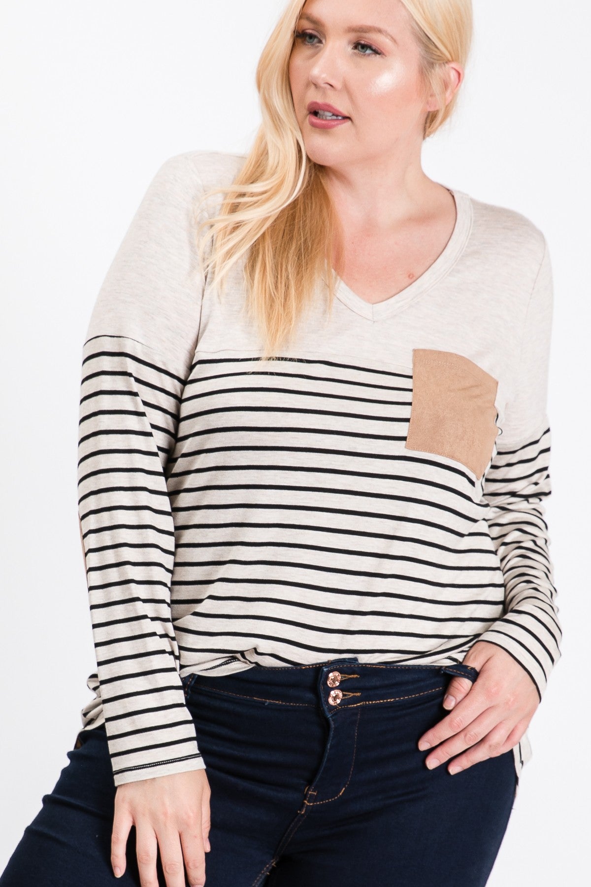 Stripe Panel Pocket Elbow Patch Top