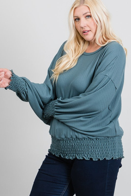 Knit Raw Edge Detail Smocking Top - Teal