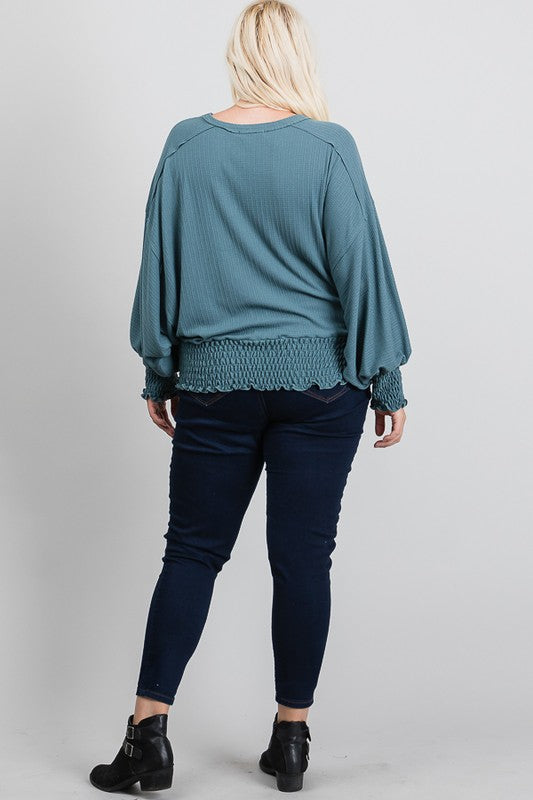 Knit Raw Edge Detail Smocking Top - Teal