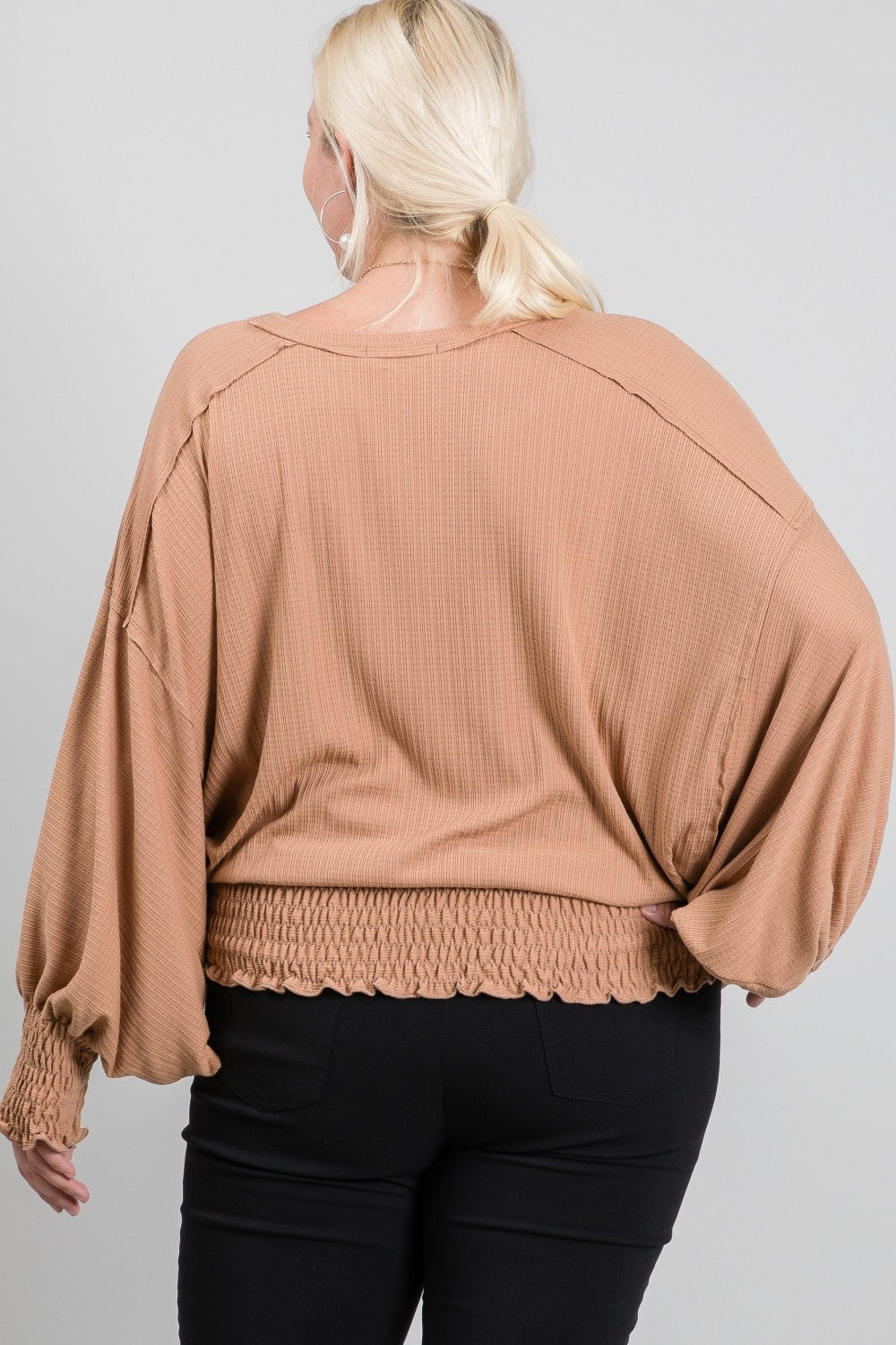 Knit Raw Edge Smocking Top - Mocha