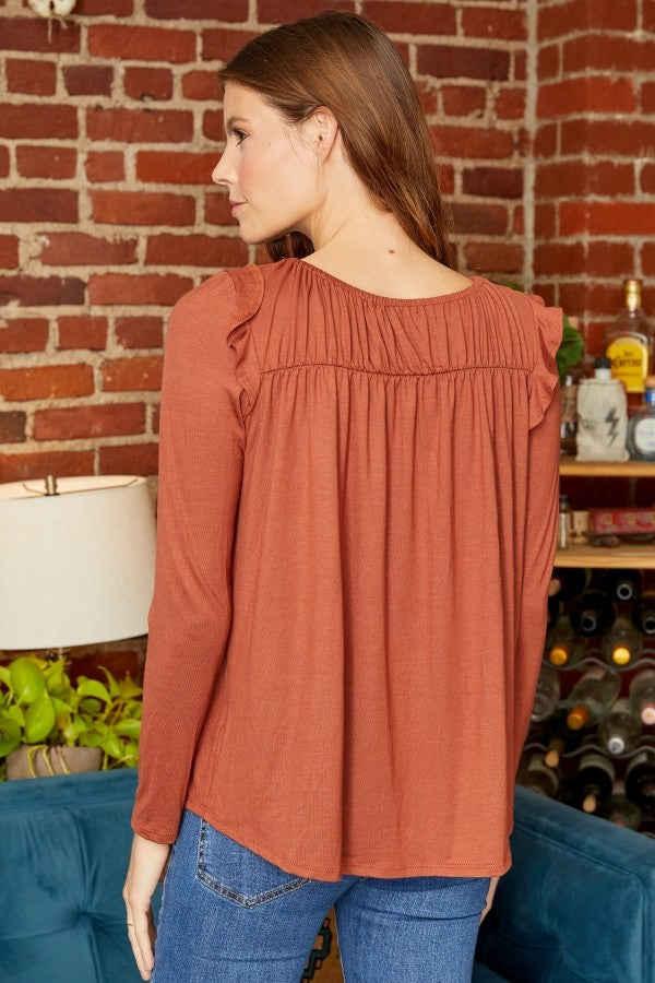 Ruffled Shoulder Yoke Top - Rust
