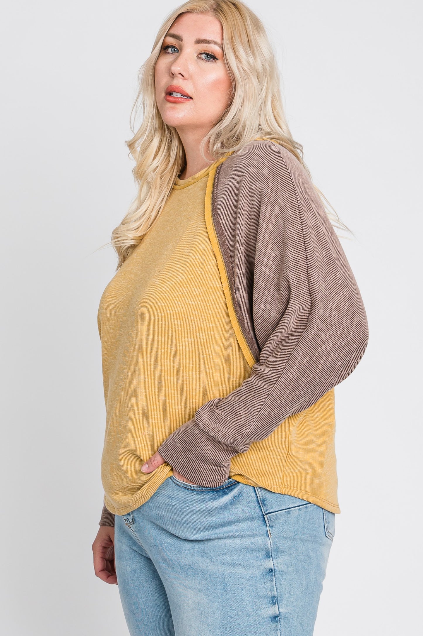 Raglan Shaped Color Block Ribbed Knit Top