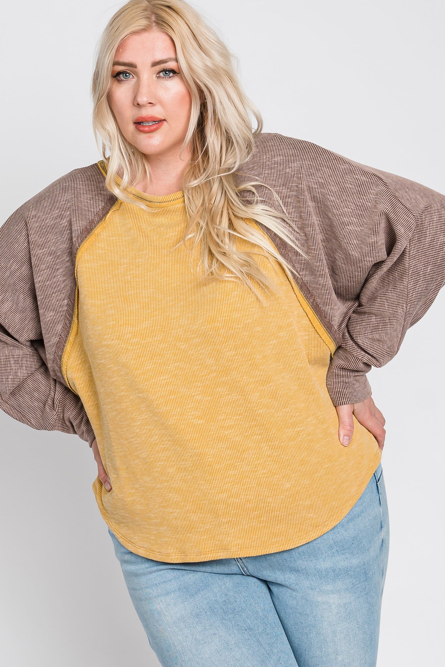 Raglan Shaped Color Block Ribbed Knit Top