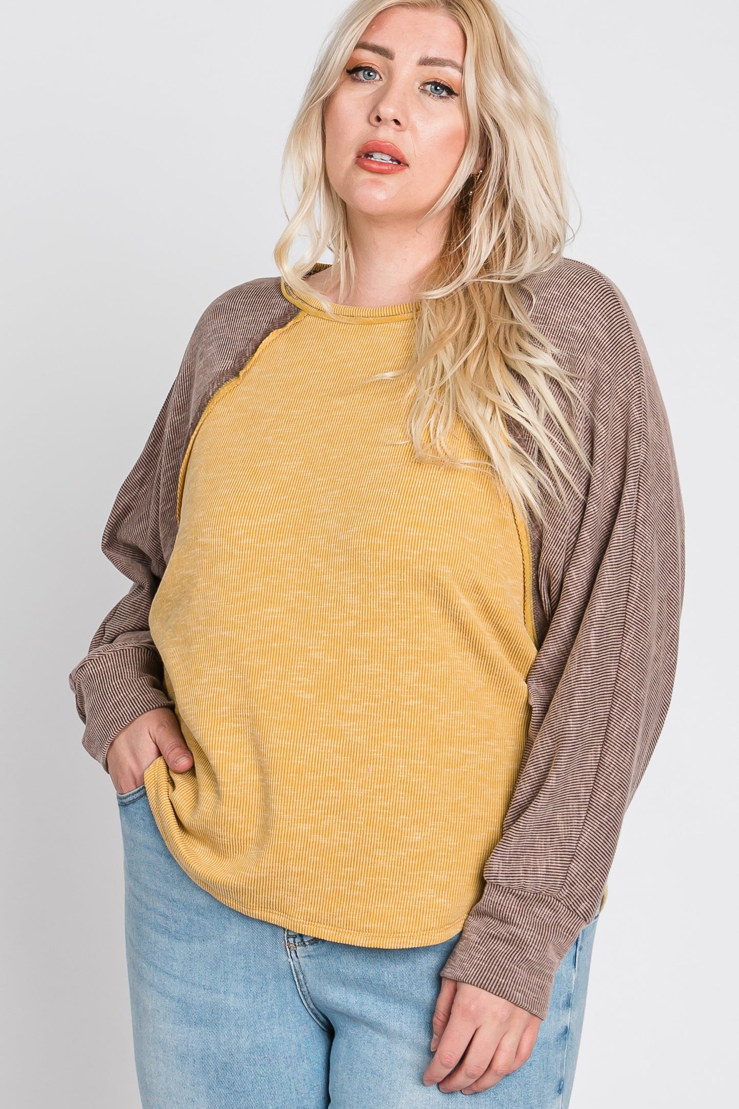 Raglan Shaped Color Block Ribbed Knit Top