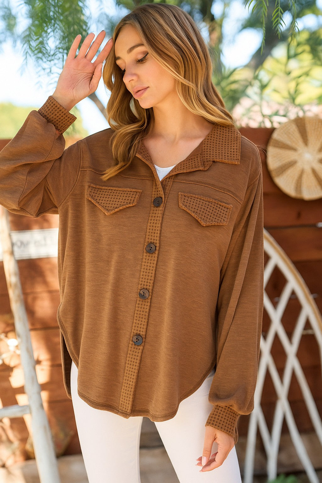 Round Hemline Shacket - Brown