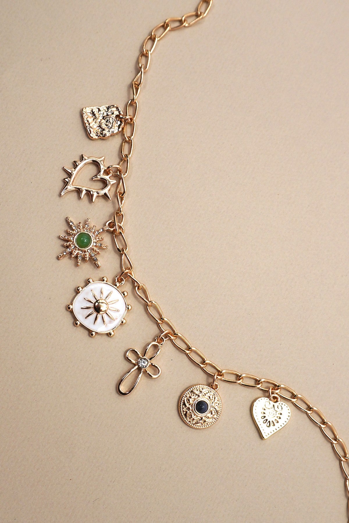 Charm Necklace- Heart Cross Sunburst Stone