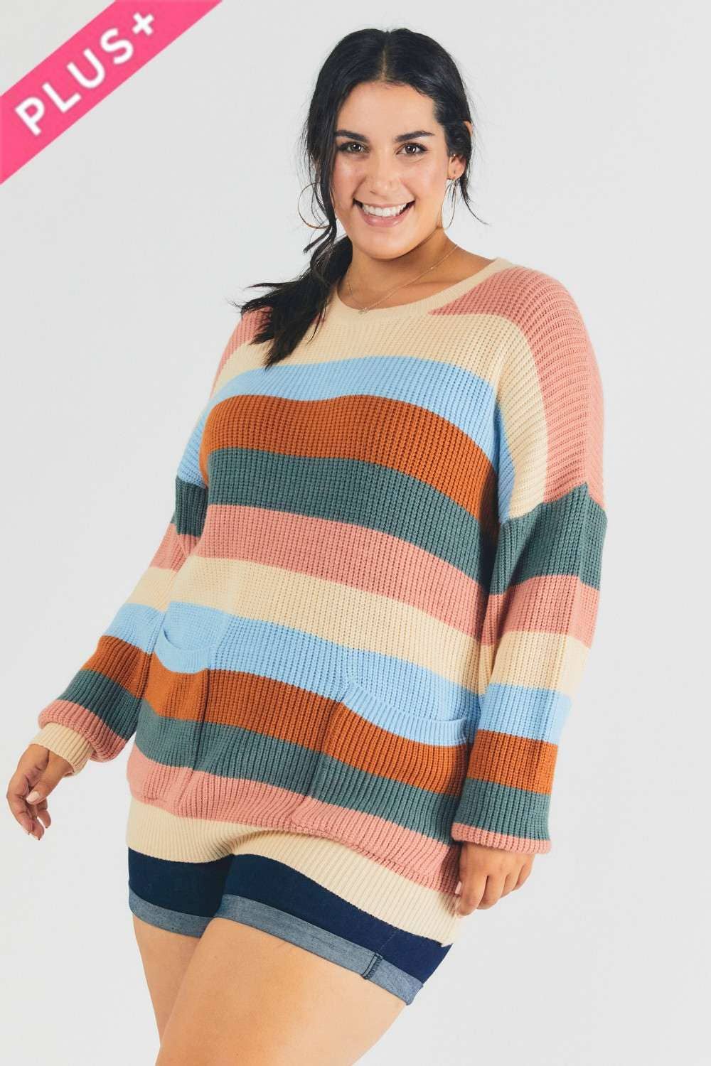 MULTI STRIPE ROUND NECK LONG SLEEVE SWEATER