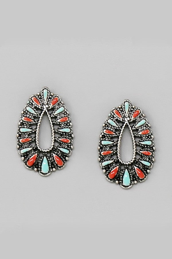 Western Stone Embellished Teardrop Stud Earrings