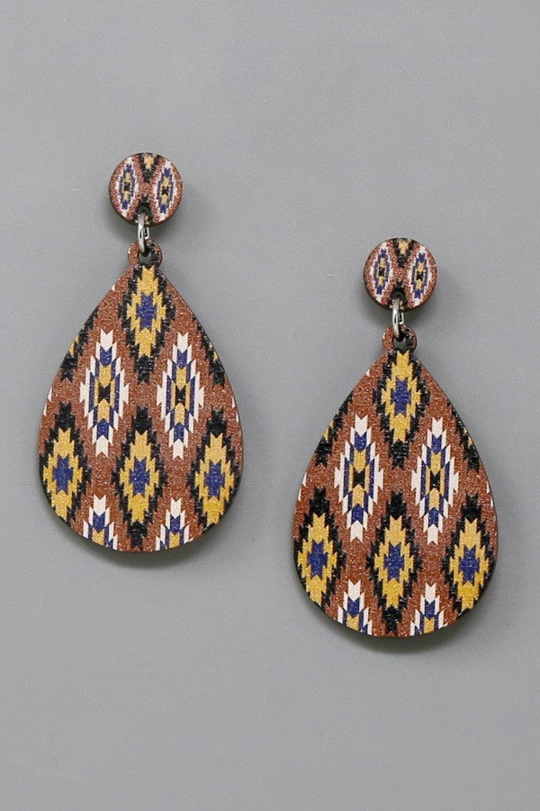 Western Print Teardrop Wooden Earrings