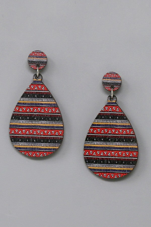 Western Print Teardrop Wooden Earrings