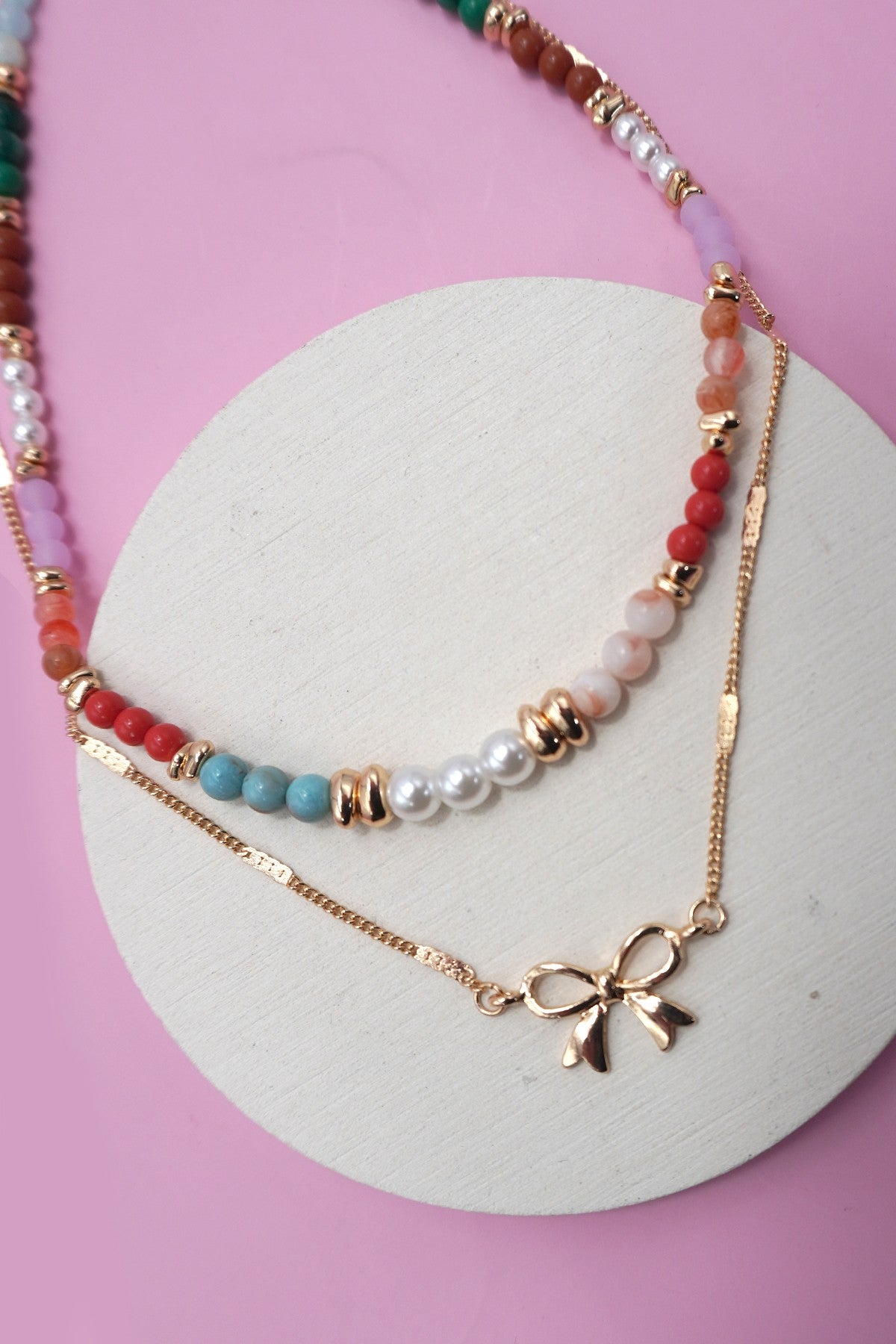 Multi Beaded Bow Charm Double Layer Necklace