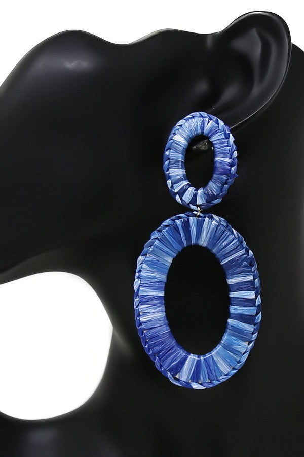 Oval Hoop Raffia Wrapped Dangle Earrings
