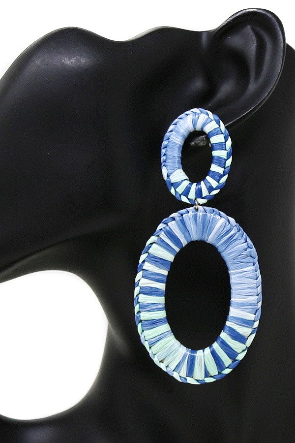 Oval Hoop Raffia Wrapped Dangle Earrings