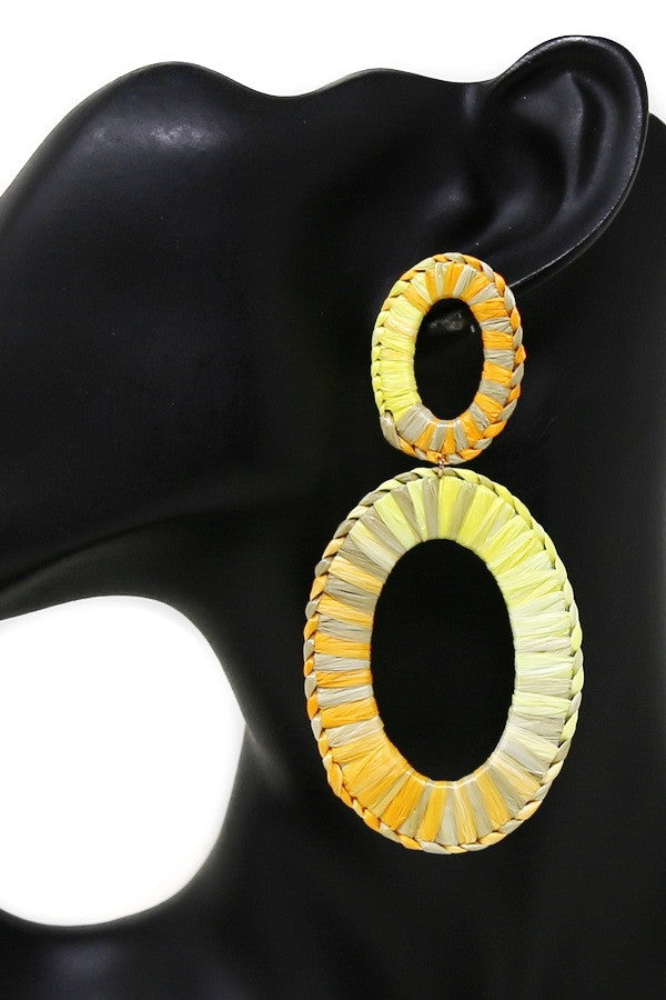 Oval Hoop Raffia Wrapped Dangle Earrings