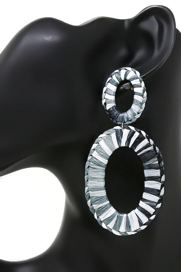 Oval Hoop Raffia Wrapped Dangle Earrings