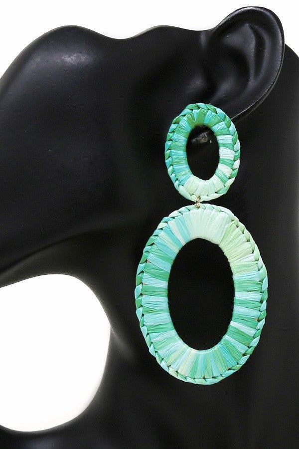 Oval Hoop Raffia Wrapped Dangle Earrings