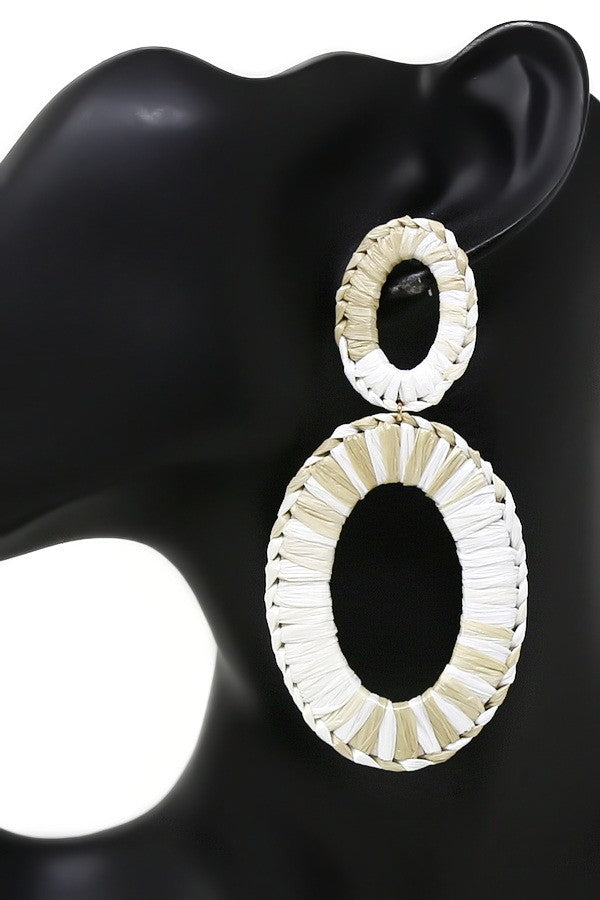 Oval Hoop Raffia Wrapped Dangle Earrings