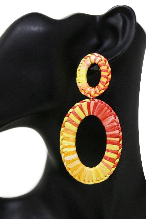 Oval Hoop Raffia Wrapped Dangle Earrings
