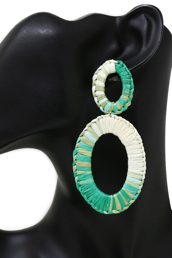 Oval Hoop Raffia Wrapped Dangle Earrings