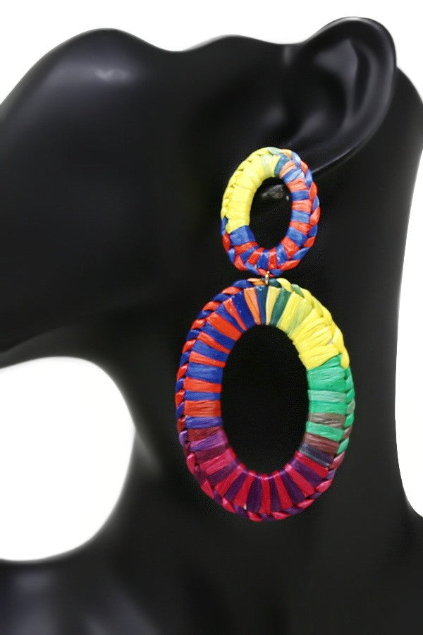 Oval Hoop Raffia Wrapped Dangle Earrings