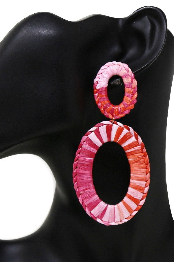 Oval Hoop Raffia Wrapped Dangle Earrings