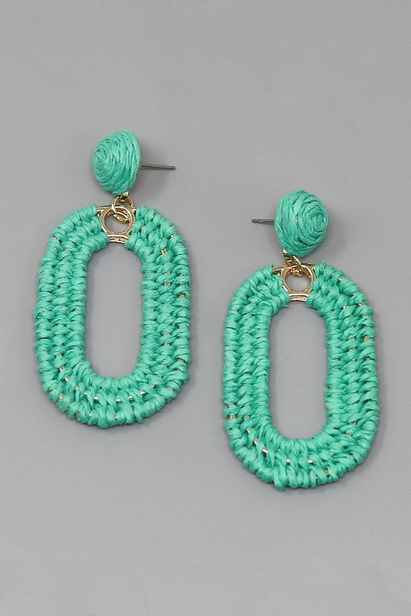 Raffia Wrapped Oval Hoop Dangle Earrings