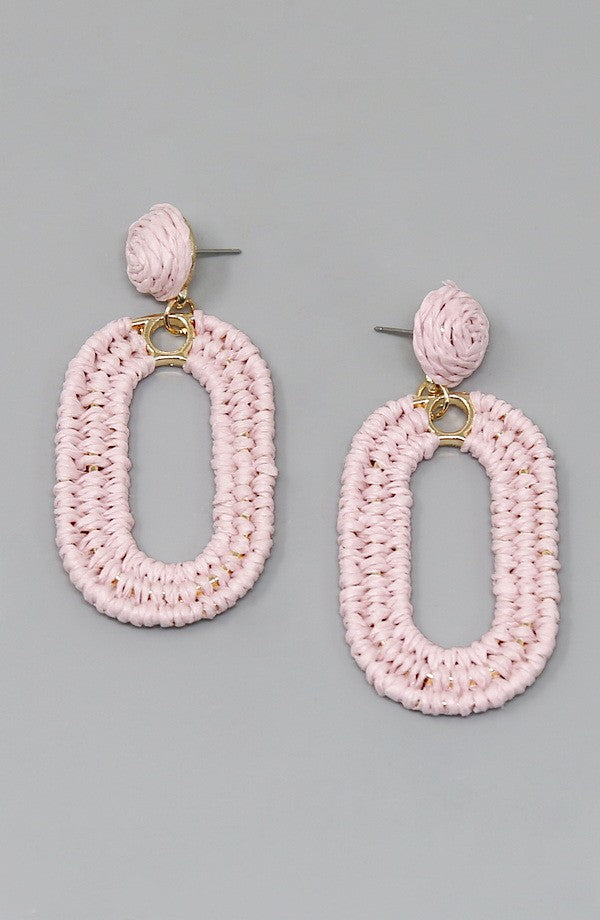 Raffia Wrapped Oval Hoop Dangle Earrings