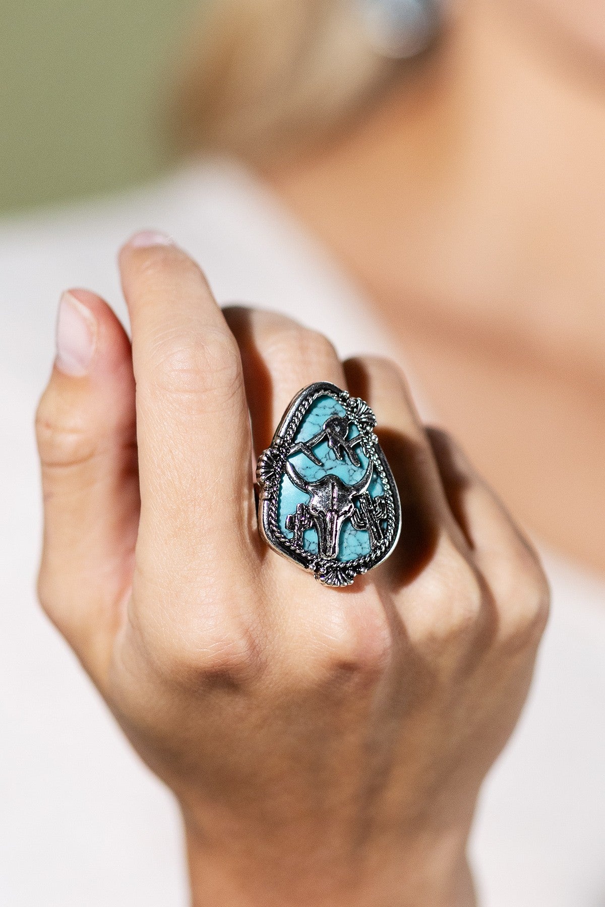 Western Steer Head Hand Stone Ring