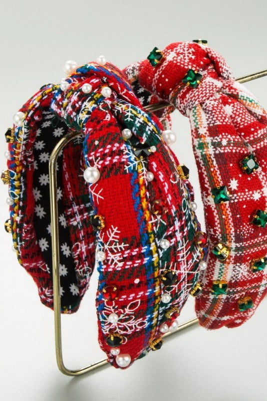Christmas Plaid Rhinestone Wide Knotted Headband