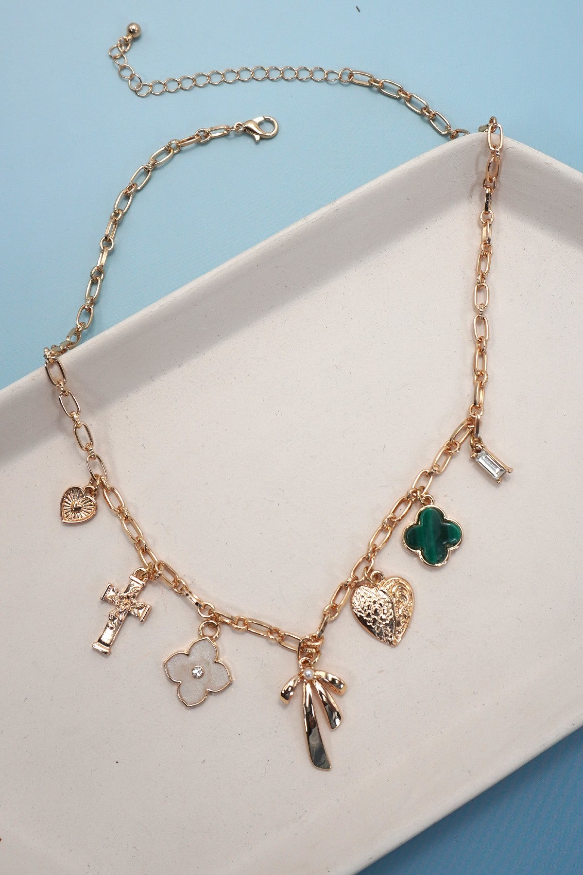 Charm Necklace Green Clover Bow Cross Heart