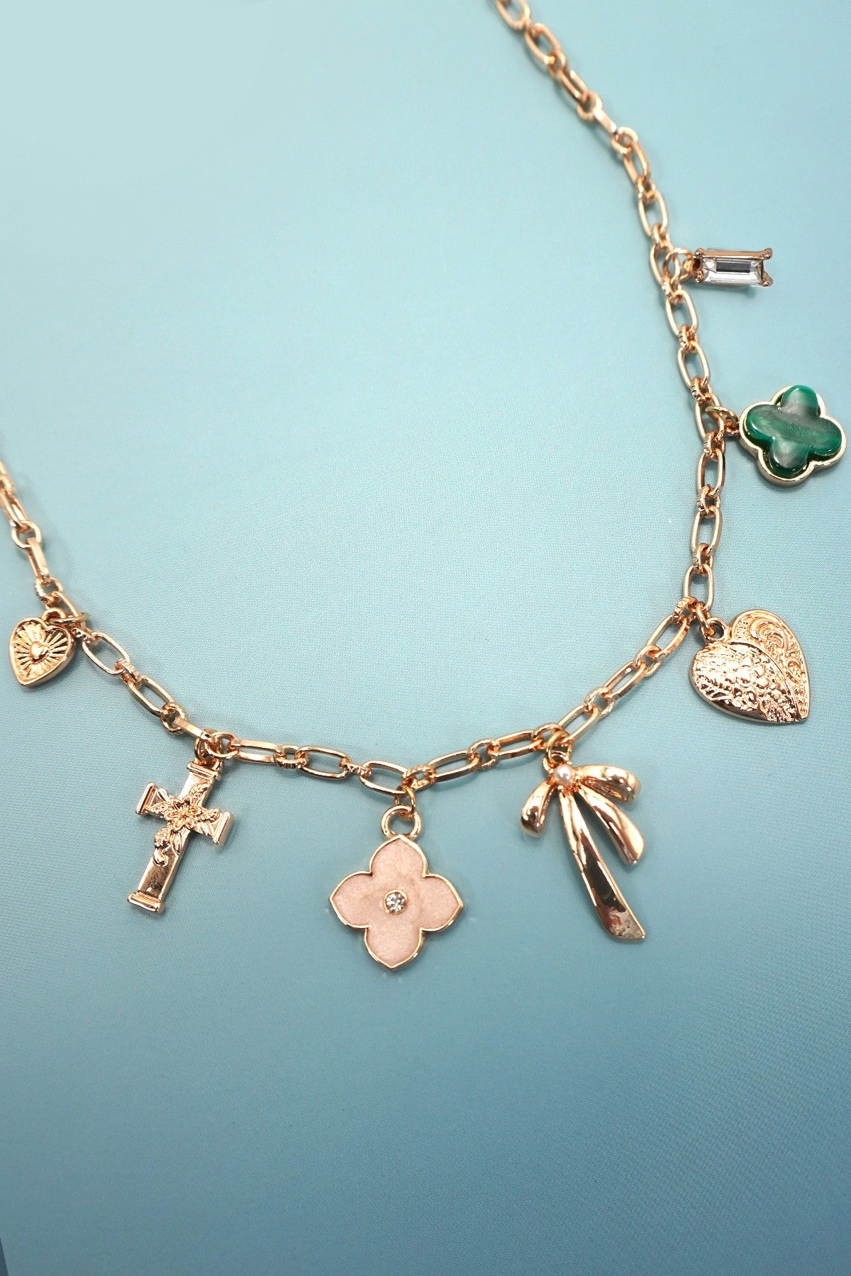 Charm Necklace Green Clover Bow Cross Heart