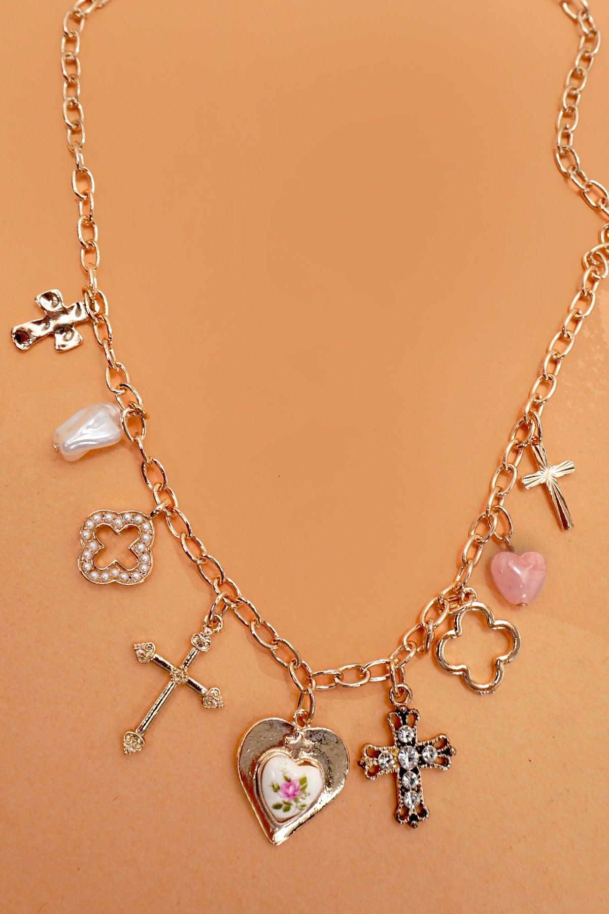 Charm Necklace- Clover Cross Porcelain Flower