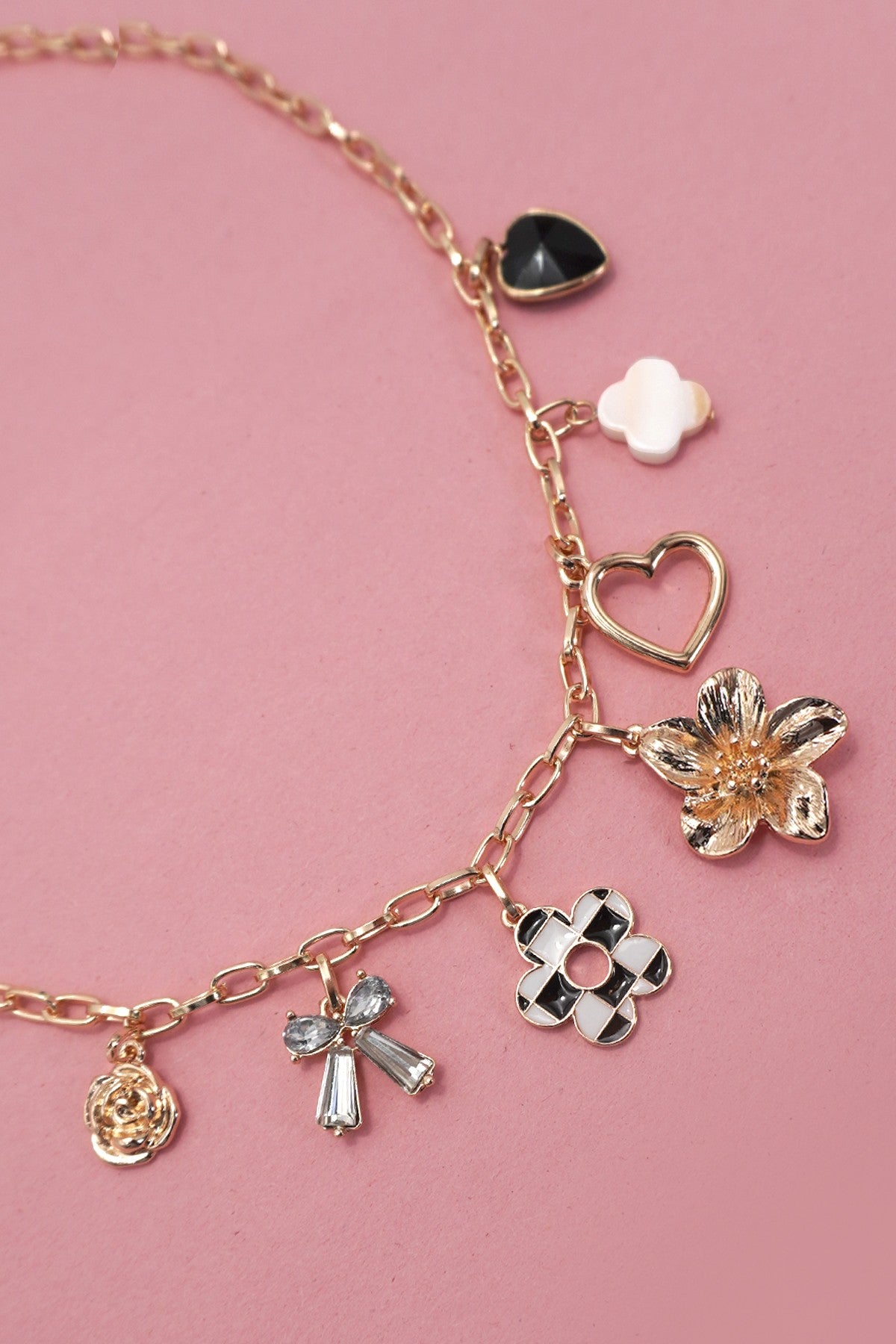 Charm Necklace-bow Checker Heart Rhinestone