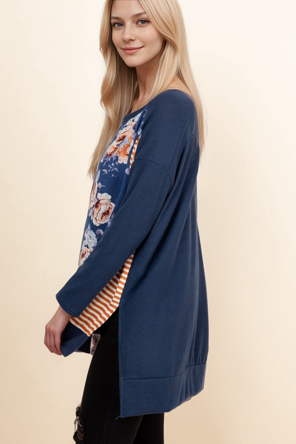 Stripe Floral Combination Side Slit Top