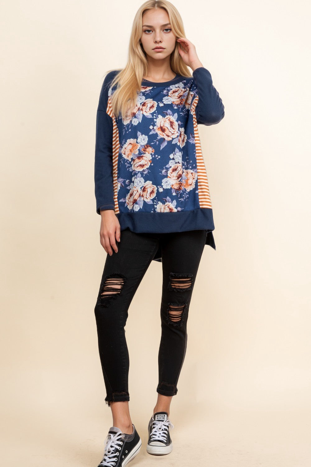 Stripe Floral Combination Side Slit Top